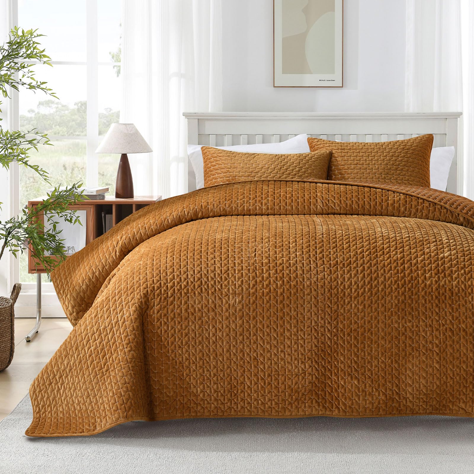 Grassix Velvet Quilt Set King Size - Luxury Cozy Velvet Quilt Bedding Set, Lightweight Velvet Comforter For All Season, Cross St